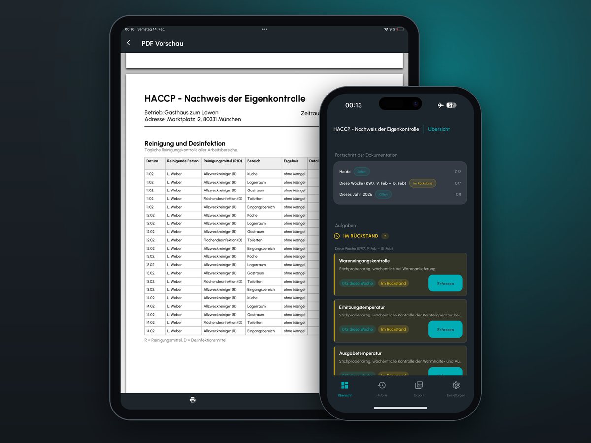 HACCP Nachweis auf Tablet und Smartphone: Tagesübersicht der Aufgaben und exportierter PDF-Bericht zur Eigenkontrolle