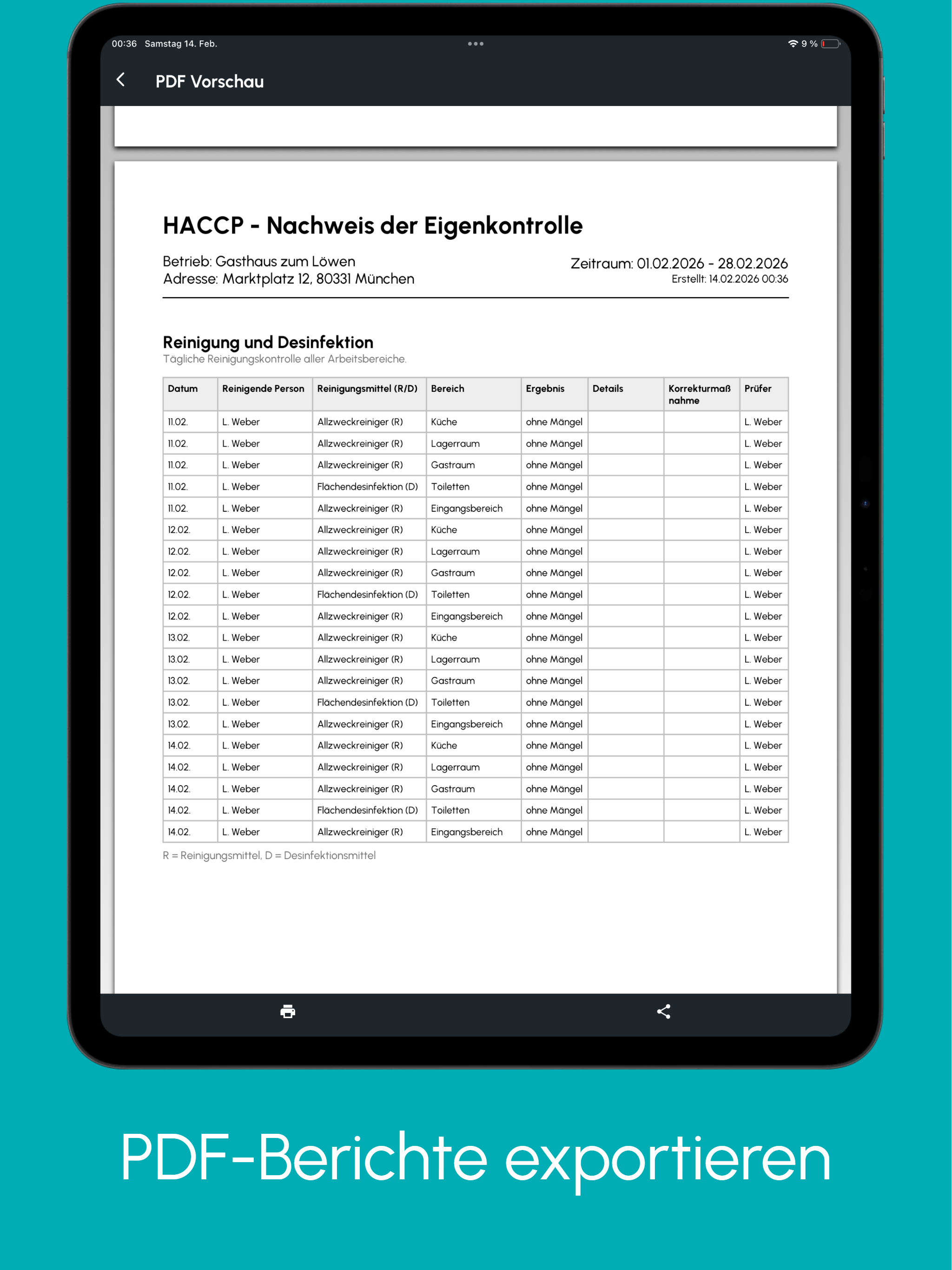 HACCP Nachweis – PDF-Bericht exportieren mit Zeitraum, Einträgen und Zeitstempeln