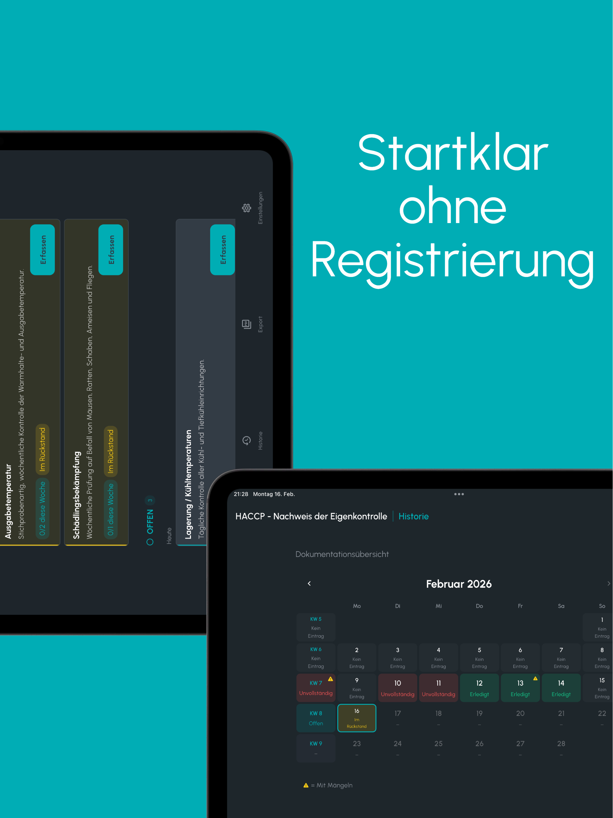 HACCP Nachweis – Startklar ohne Registrierung, Daten lokal gespeichert, sofort nutzbar