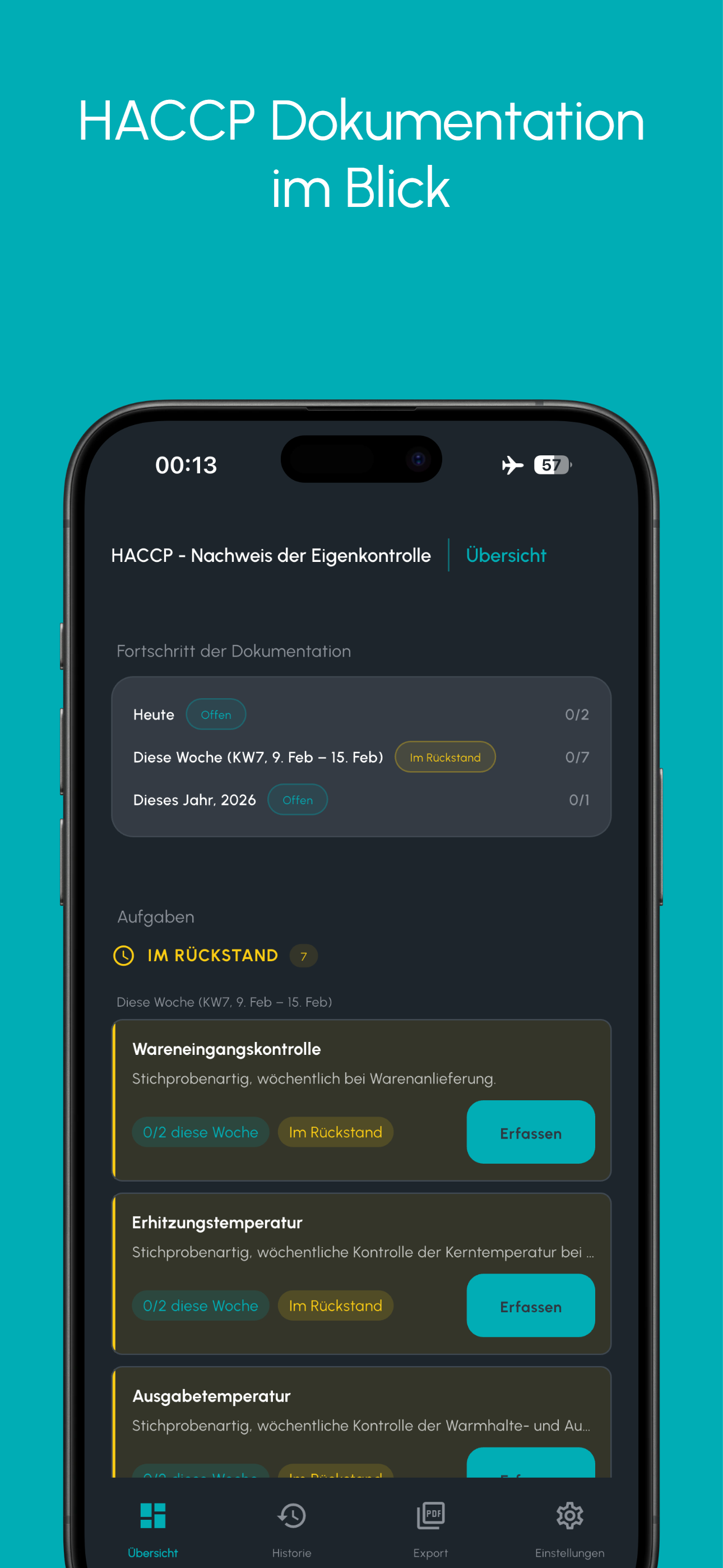 HACCP Nachweis – Tagesübersicht mit fälligen, erledigten und überfälligen Einträgen