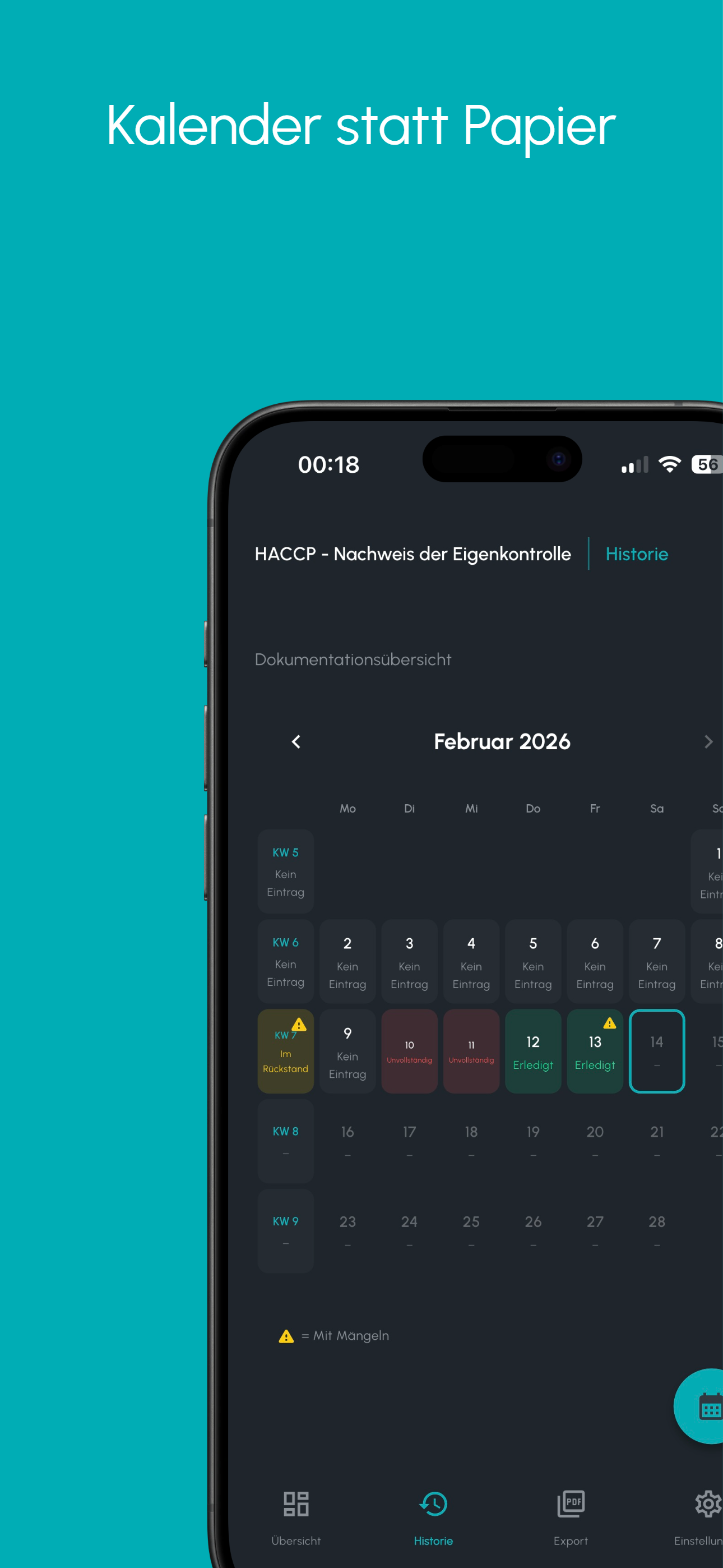 HACCP Nachweis – Kalenderansicht zur Planung und Nachverfolgung der Dokumentation